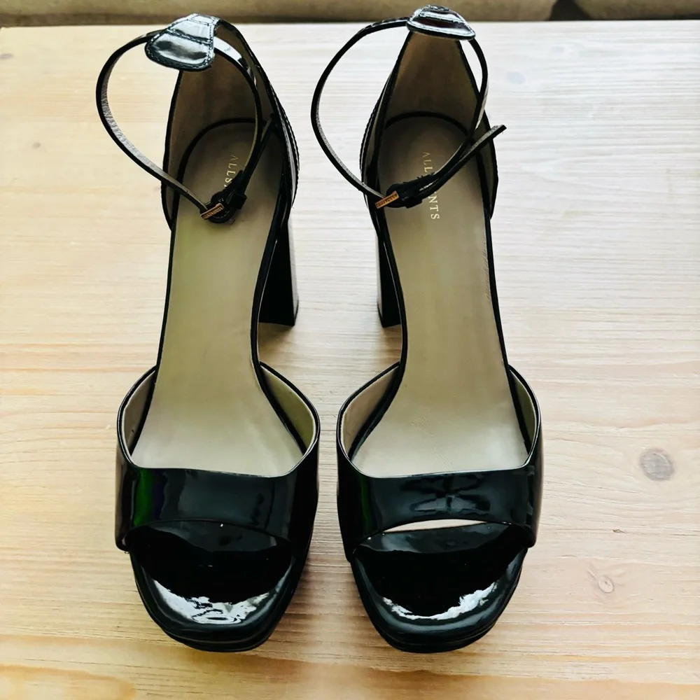 All Saints Tia Glossy Black Platform Heel Sandals Size 10M‎ WF571Z